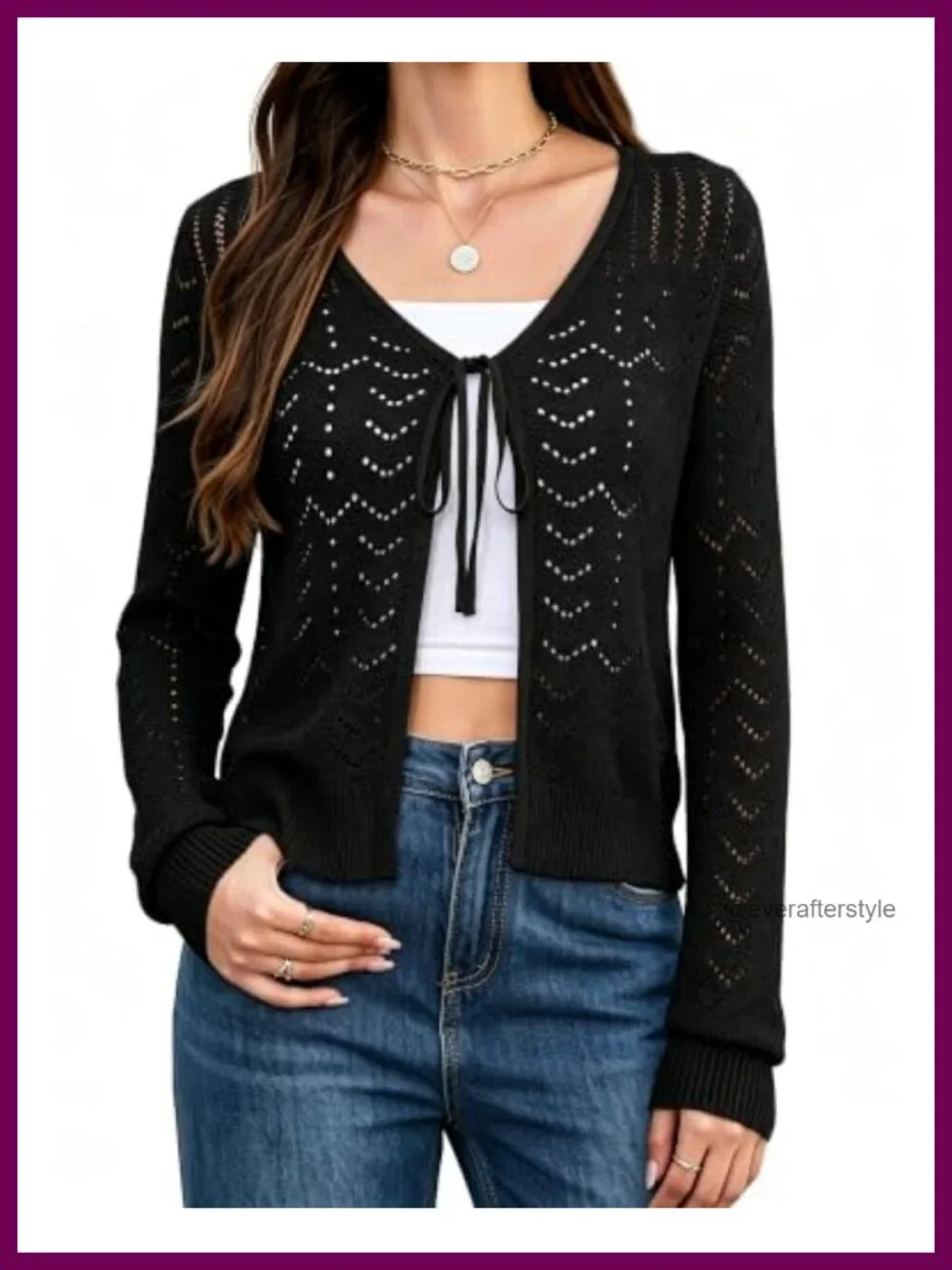 Crochet Tie Front Cardigan Cropped Long Sleeve Shrug Sweater